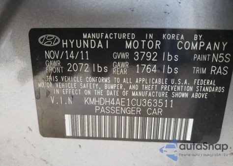 2012 Hyundai Elantra Gls from USA, damaged, VIN KMHDH4AE1CU363511